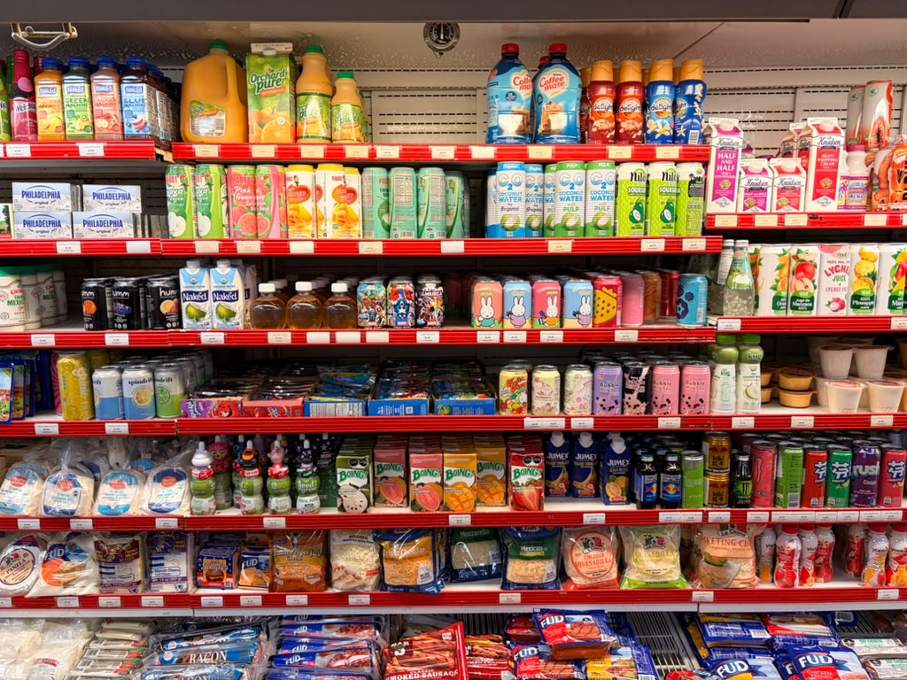 Drinks case: juices, coconut water, Mexican sodas and creamers