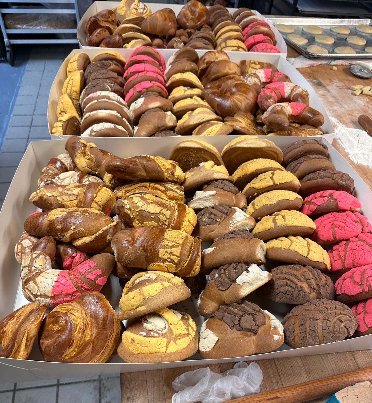 Three trays of assorted pan dulce in the Primo Thunder bakery